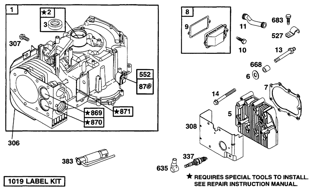 Cylinder, Head Diagram and Parts List for 254707-0138-XX  Briggs and Stratton Engine